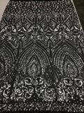 Geometric Patterns 4 Way Stretch Sequins Fabric Silver on Black Mesh Shiny Sequins Fashion By Yard