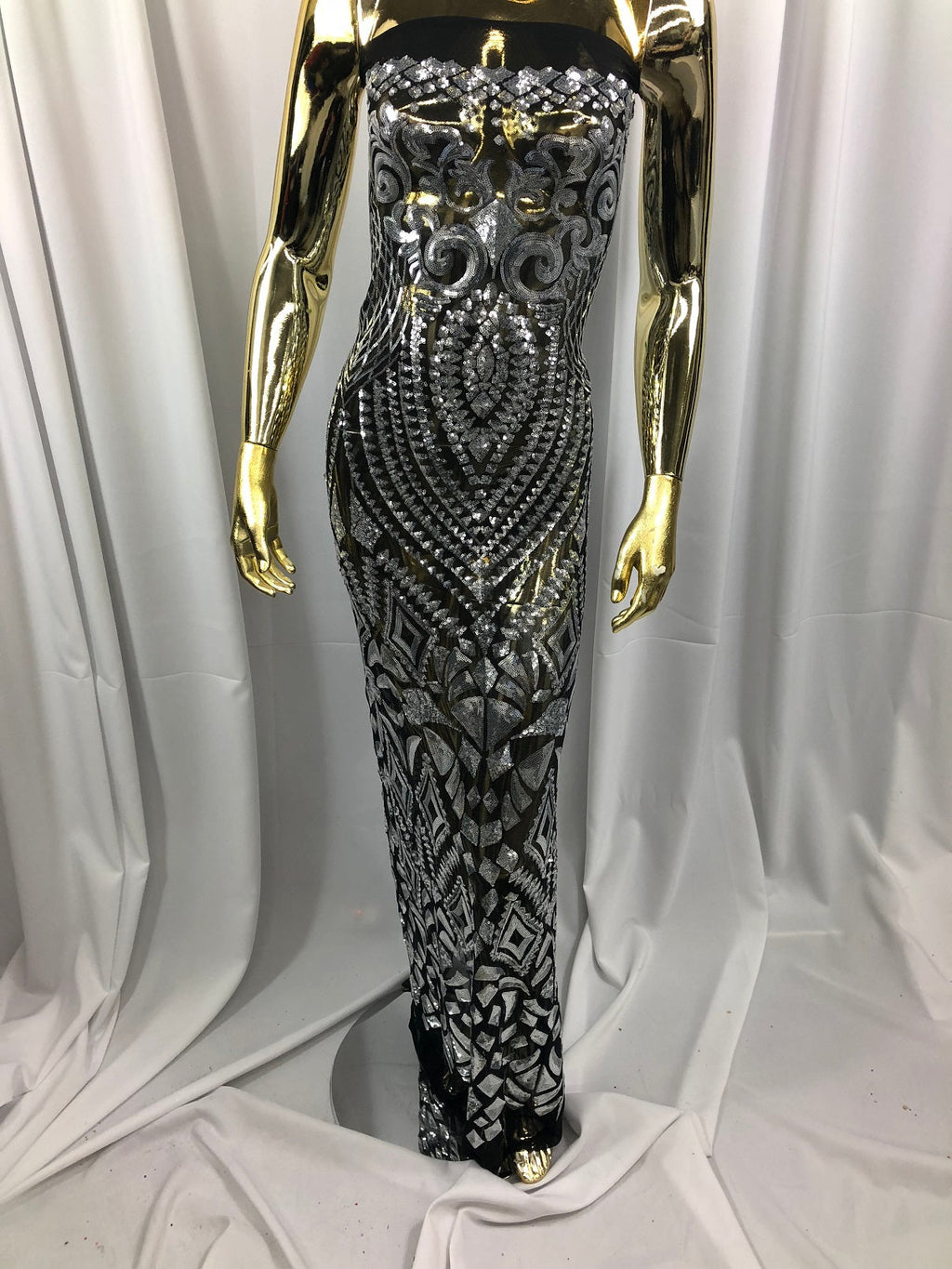 Geometric Patterns 4 Way Stretch Sequins Fabric Silver on Black Mesh Shiny Sequins Fashion By Yard