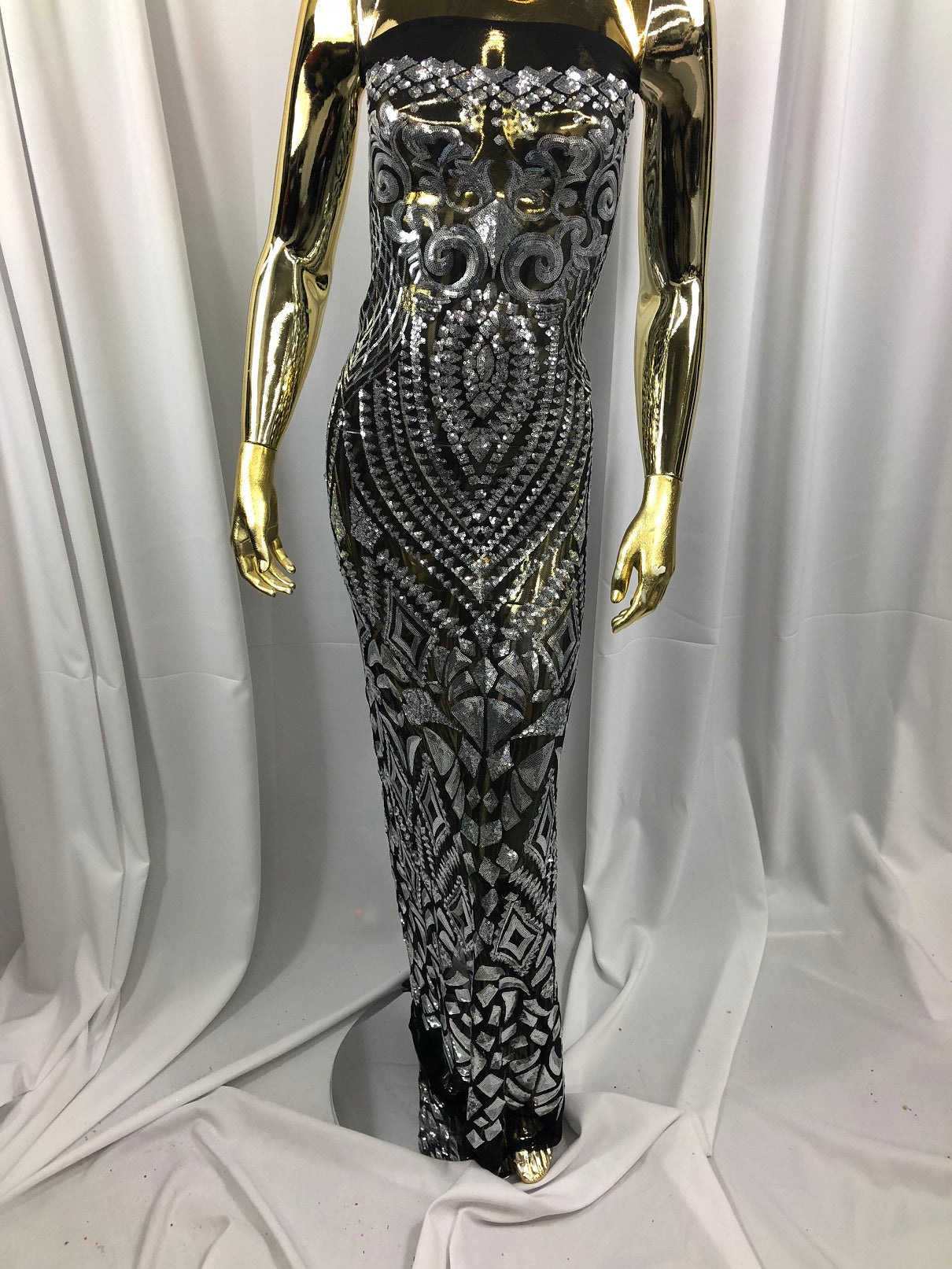 Geometric Patterns 4 Way Stretch Sequins Fabric Silver on Black Mesh Shiny Sequins Fashion By Yard