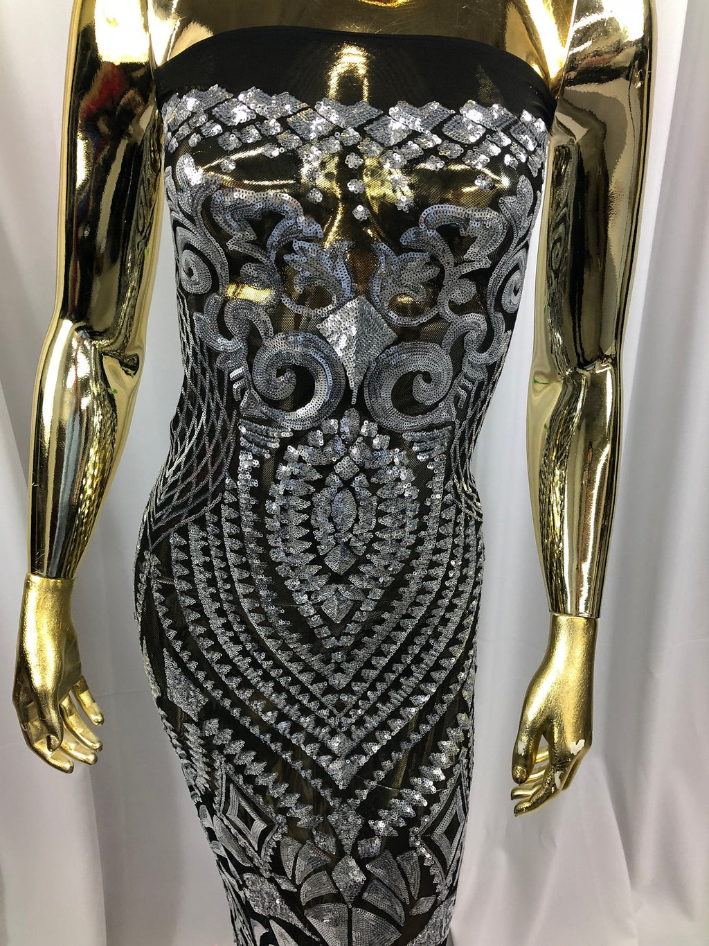 Geometric Patterns 4 Way Stretch Sequins Fabric Silver on Black Mesh Shiny Sequins Fashion By Yard