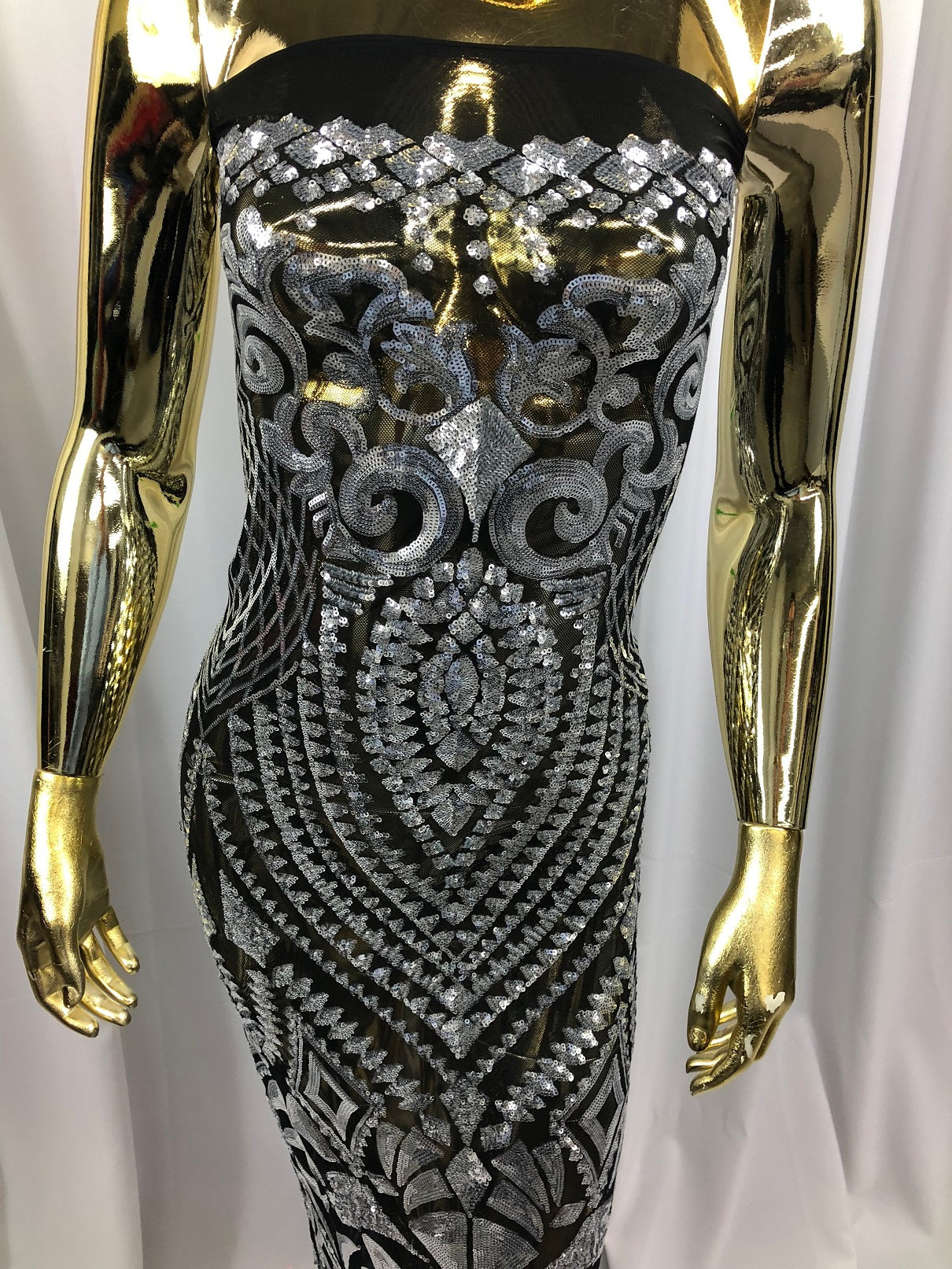 Geometric Patterns 4 Way Stretch Sequins Fabric Silver on Black Mesh Shiny Sequins Fashion By Yard