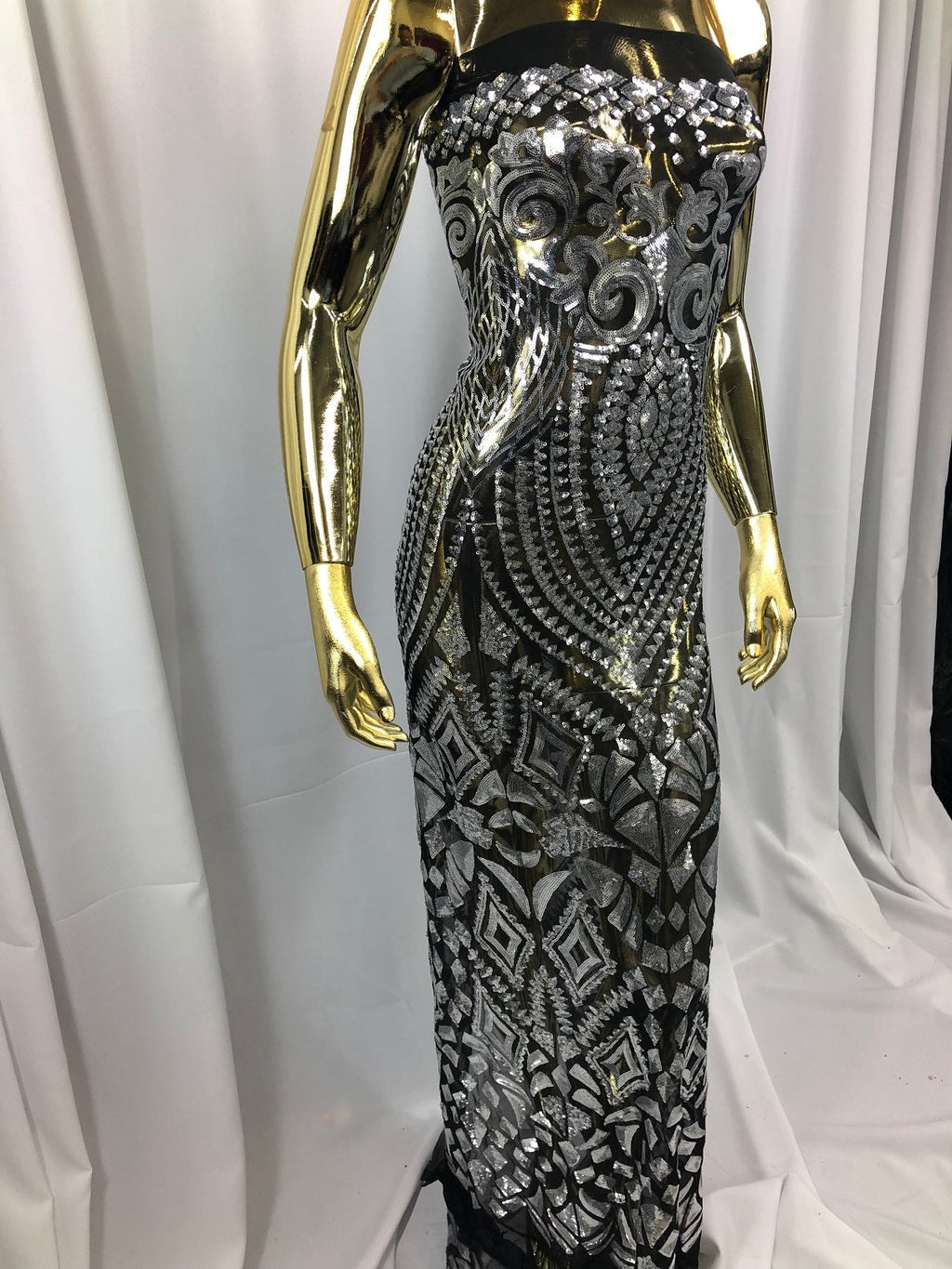 Geometric Patterns 4 Way Stretch Sequins Fabric Silver on Black Mesh Shiny Sequins Fashion By Yard