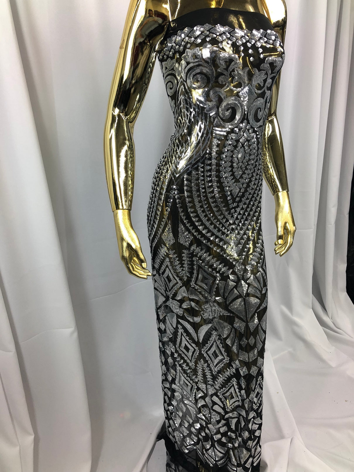 Geometric Patterns 4 Way Stretch Sequins Fabric Silver on Black Mesh Shiny Sequins Fashion By Yard
