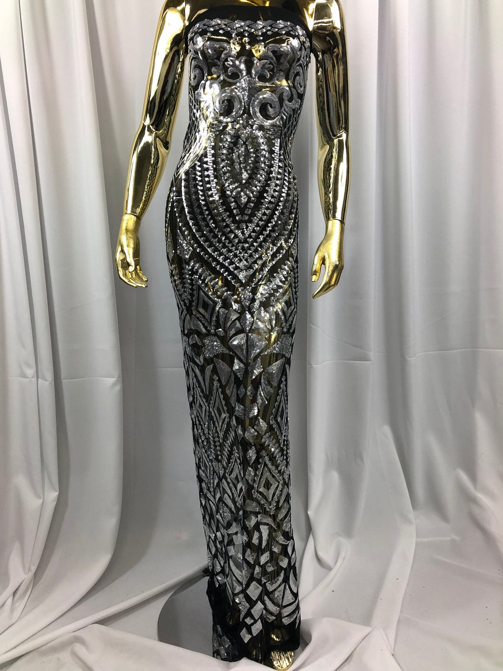 Geometric Patterns 4 Way Stretch Sequins Fabric Silver on Black Mesh Shiny Sequins Fashion By Yard