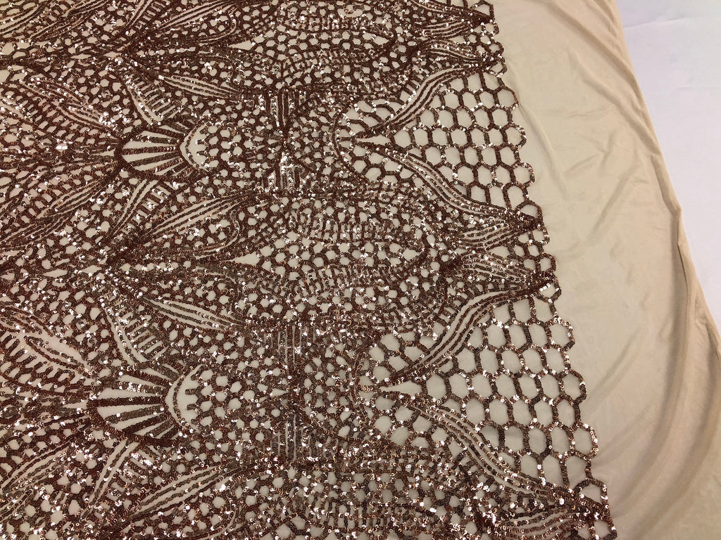 Geometric 4 Way Stretch Sequins Fabric - Rose Gold - Sequins Design Fabric Sold by The Yard