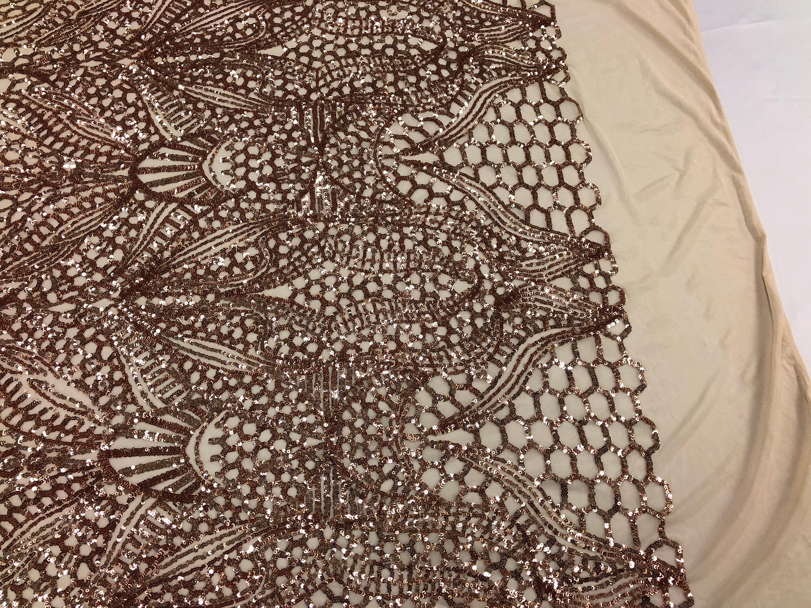 Geometric 4 Way Stretch Sequins Fabric - Rose Gold - Sequins Design Fabric Sold by The Yard