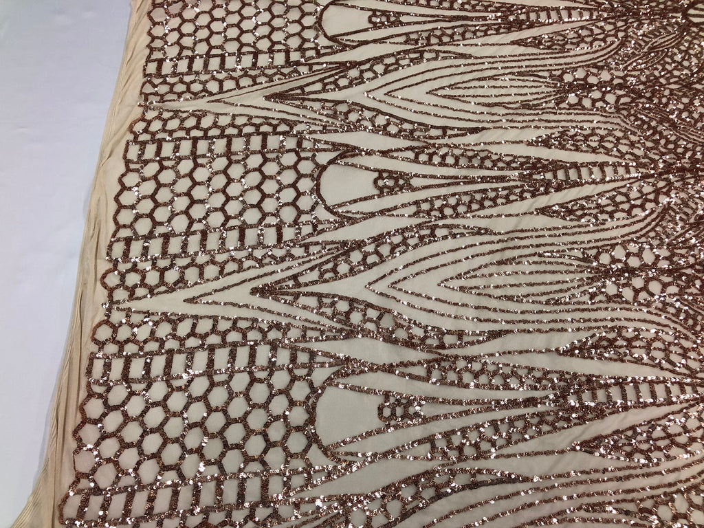 Geometric 4 Way Stretch Sequins Fabric - Rose Gold - Sequins Design Fabric Sold by The Yard