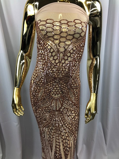 Geometric 4 Way Stretch Sequins Fabric - Rose Gold - Sequins Design Fabric Sold by The Yard