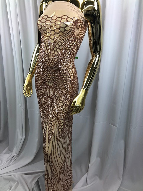 Geometric 4 Way Stretch Sequins Fabric - Rose Gold - Sequins Design Fabric Sold by The Yard