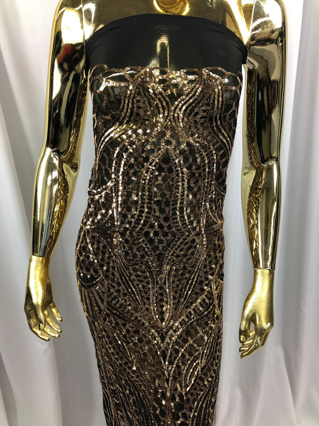 Geometric 4 Way Stretch Sequins Fabric - Gold on Black Mesh Sequins Design Fabric Sold by The Yard
