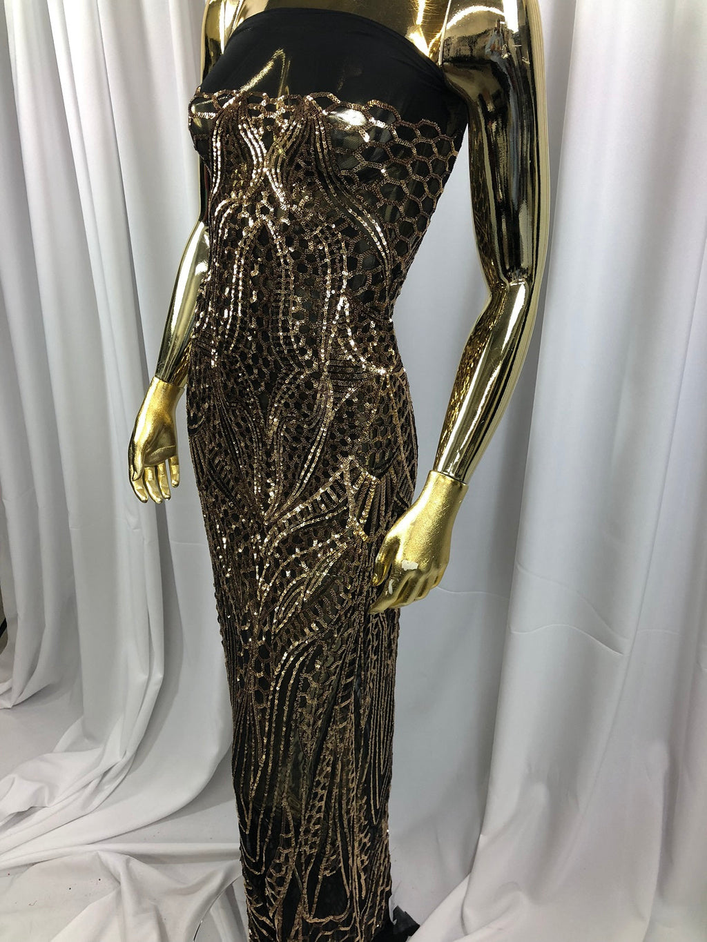 Geometric 4 Way Stretch Sequins Fabric - Gold on Black Mesh Sequins Design Fabric Sold by The Yard