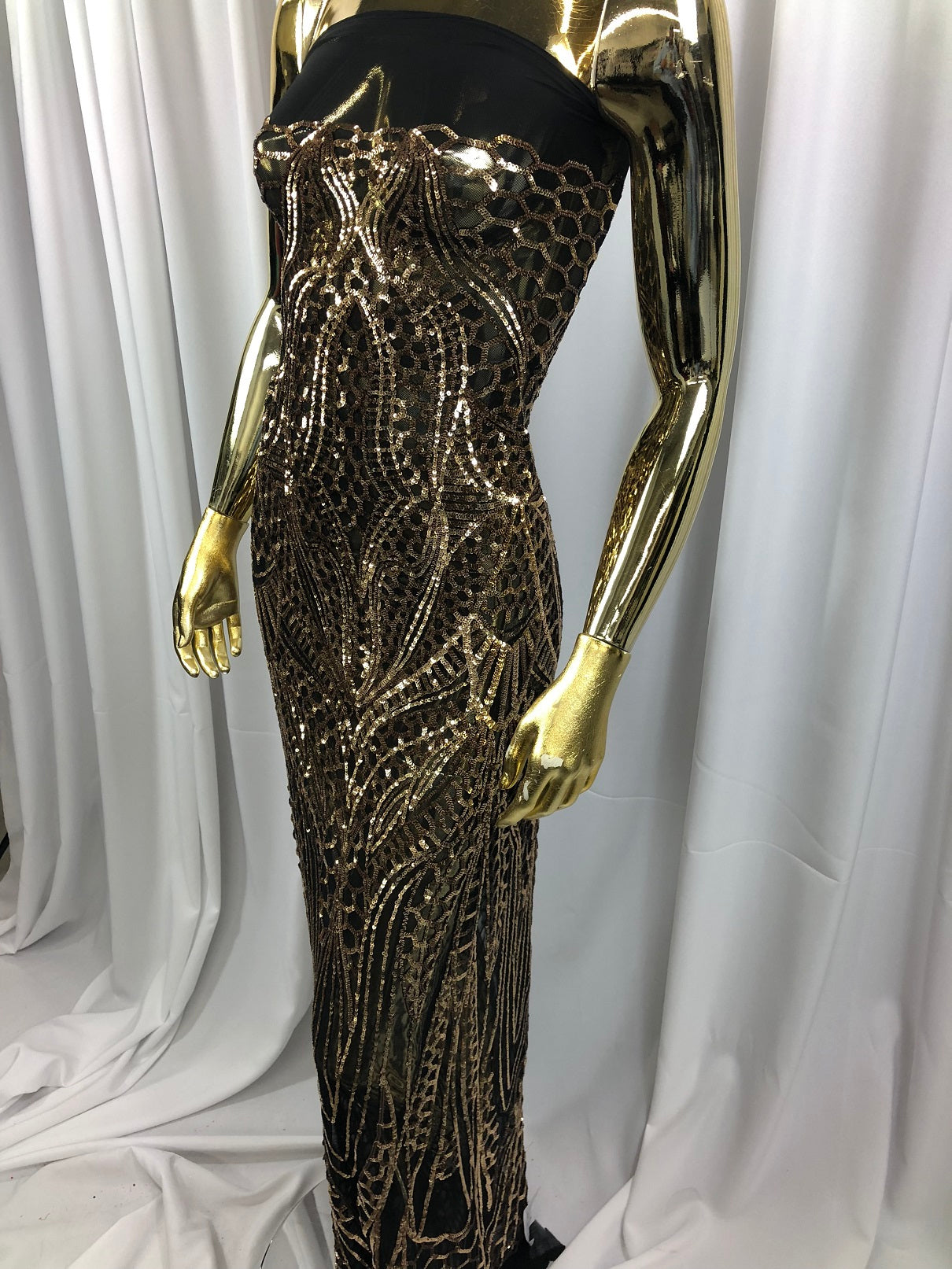 Geometric 4 Way Stretch Sequins Fabric - Gold on Black Mesh Sequins Design Fabric Sold by The Yard