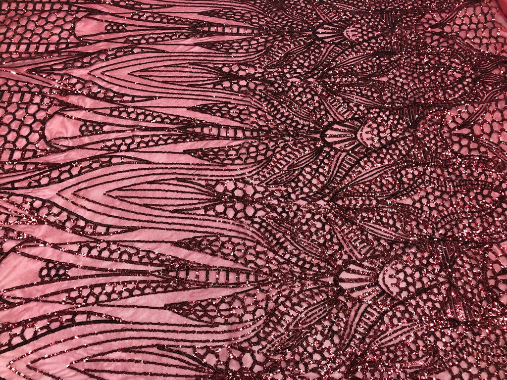 Geometric 4 Way Stretch Sequins Fabric - Burgundy - Sequins Design Fabric Sold by The Yard