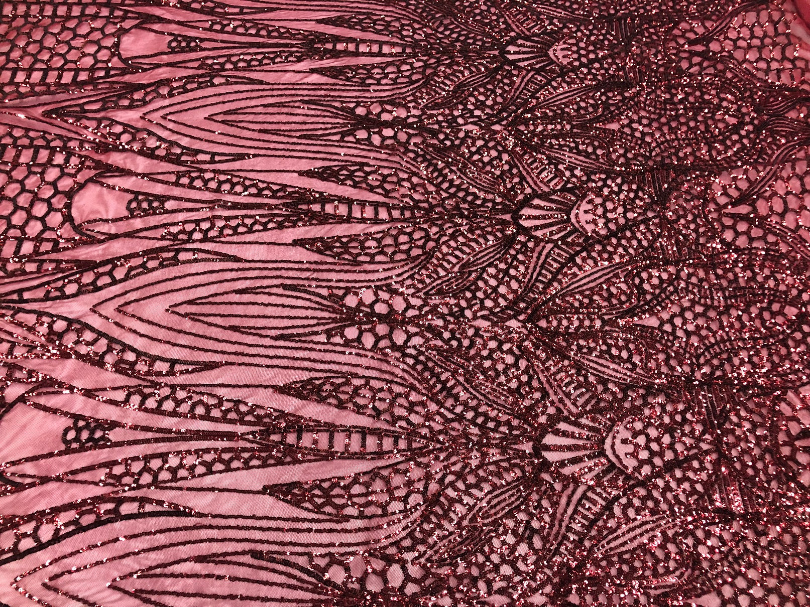 Geometric 4 Way Stretch Sequins Fabric - Burgundy - Sequins Design Fabric Sold by The Yard