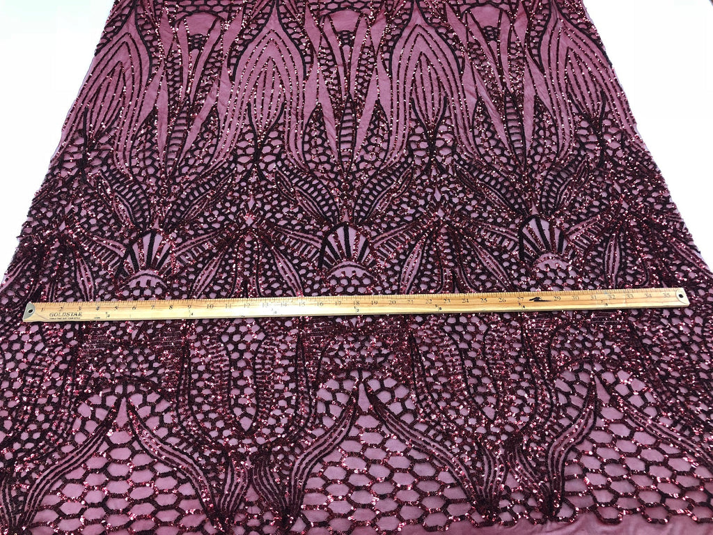 Geometric 4 Way Stretch Sequins Fabric - Burgundy - Sequins Design Fabric Sold by The Yard