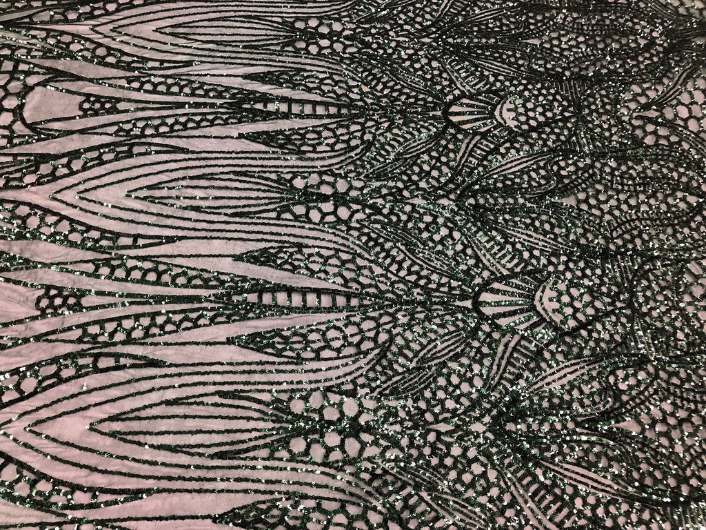 Geometric 4 Way Stretch Sequins Fabric - Hunter Green - Sequins Design Fabric Sold by The Yard