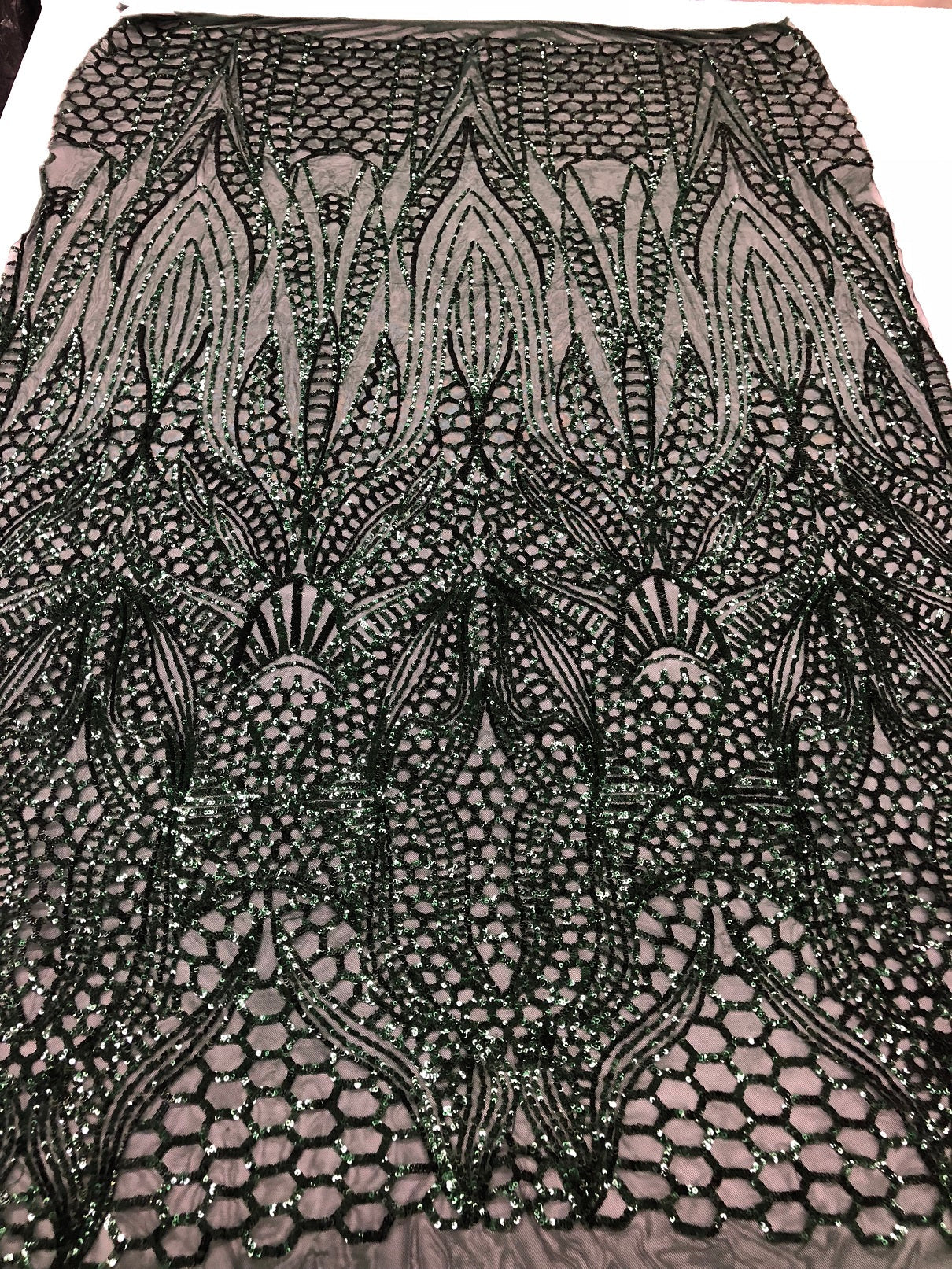Geometric 4 Way Stretch Sequins Fabric - Hunter Green - Sequins Design Fabric Sold by The Yard