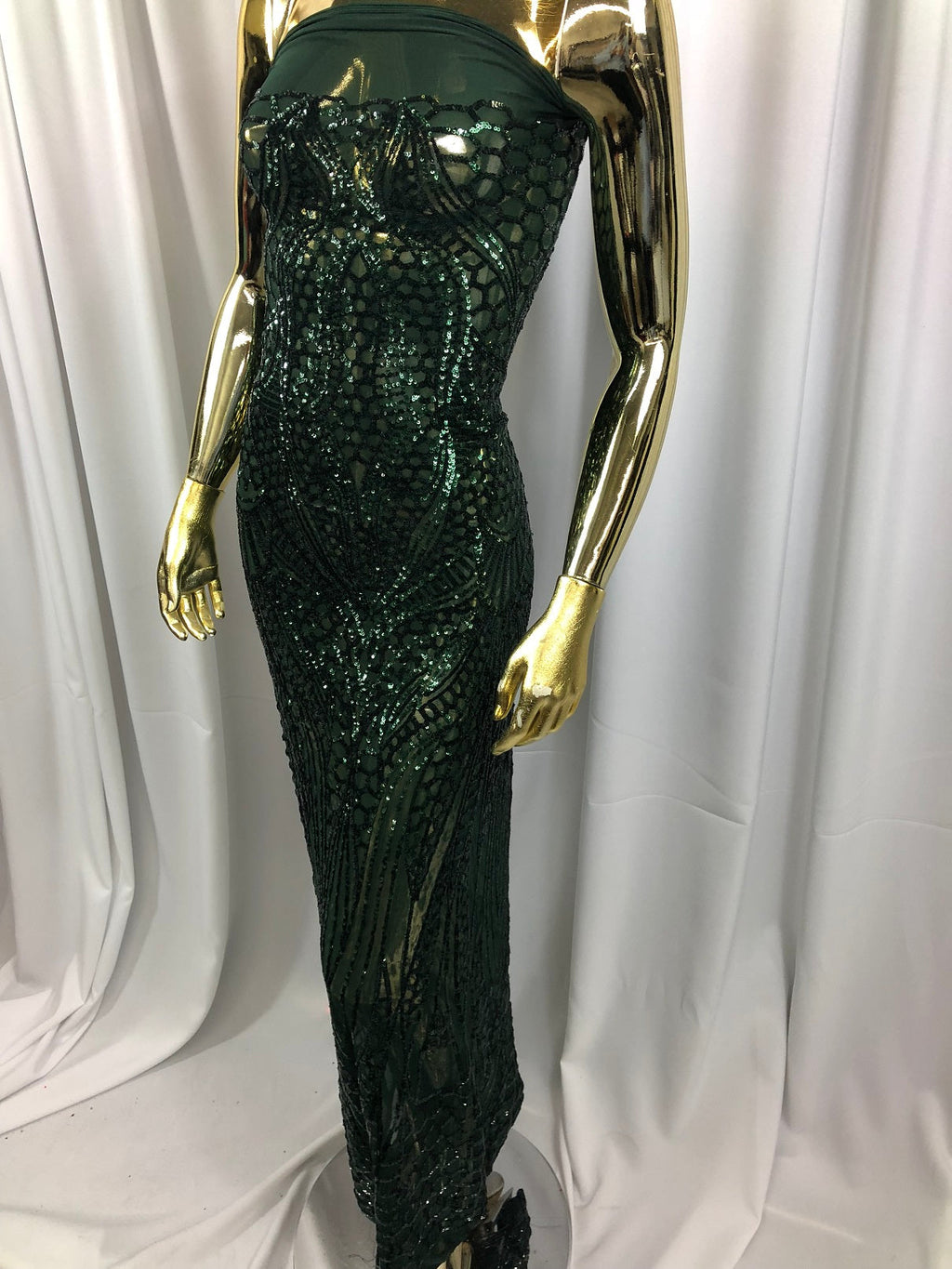 Geometric 4 Way Stretch Sequins Fabric - Hunter Green - Sequins Design Fabric Sold by The Yard