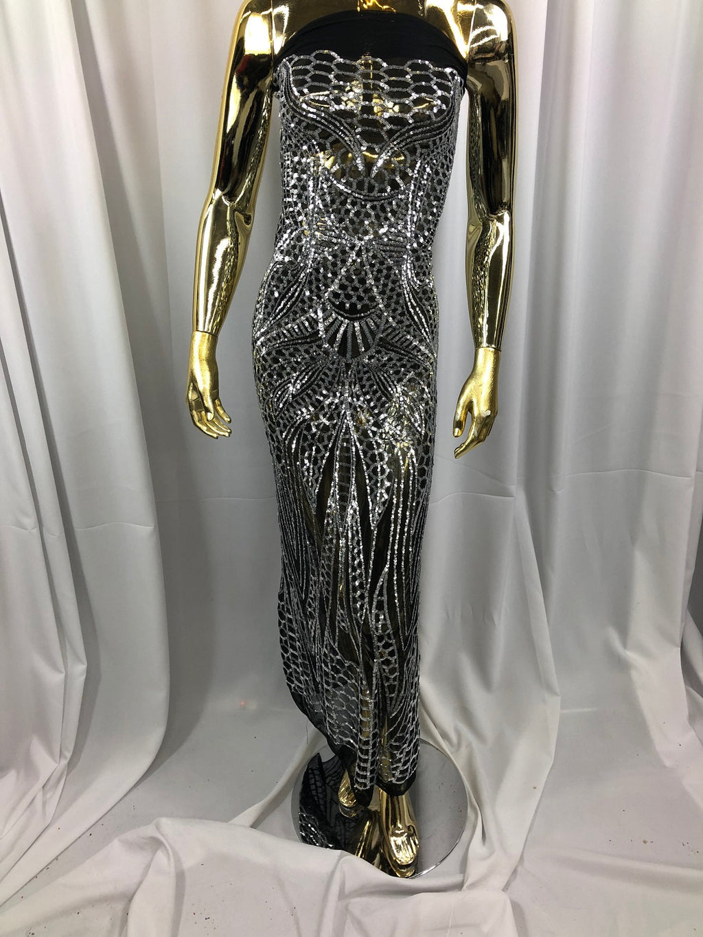 Geometric 4 Way Stretch Sequins Fabric - Silver on Black Mesh - Sequins Fabric Sold by The Yard