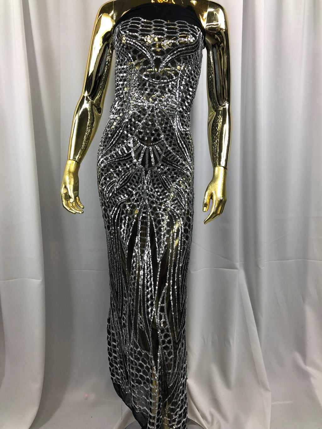 Geometric 4 Way Stretch Sequins Fabric - Silver on Black Mesh - Sequins Fabric Sold by The Yard