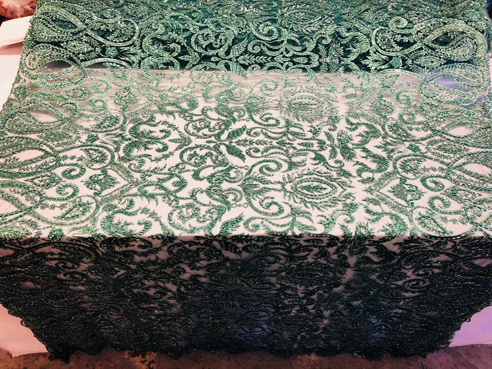 Hunter Green Beaded Fabric Embroidered On A Mesh Fancy Dresses Fabric Sold By The Yard