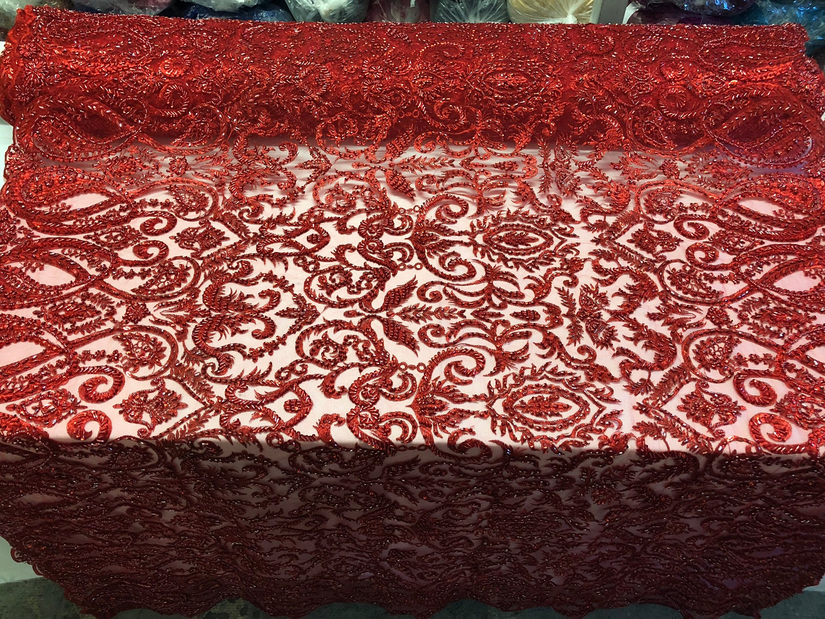 Red Beaded Fabric Embroidered On A Mesh Fancy Dresses Fabric Sold By The Yard