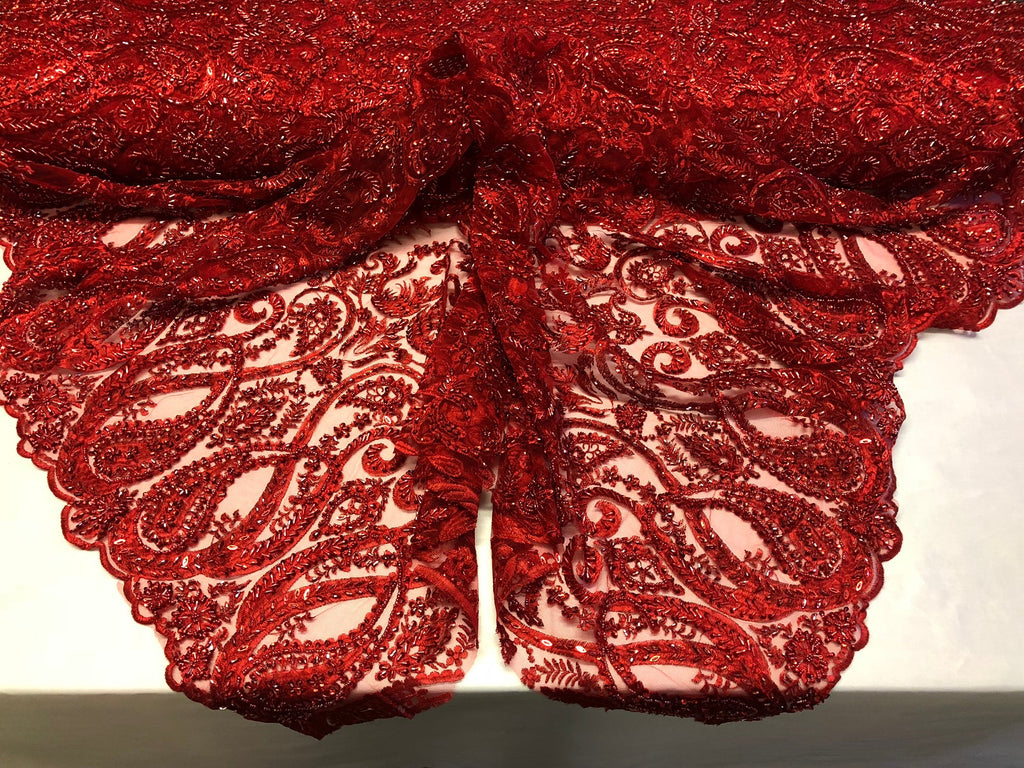Red Beaded Fabric Embroidered On A Mesh Fancy Dresses Fabric Sold By The Yard