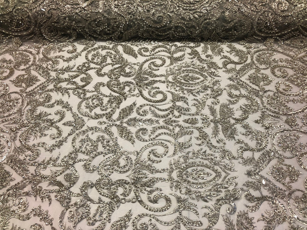 Silver Beaded Fabric Embroidered On A Mesh Fancy Dresses Fabric Sold By The Yard