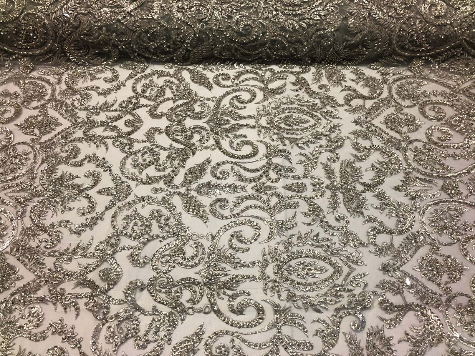 Silver Beaded Fabric Embroidered On A Mesh Fancy Dresses Fabric Sold By The Yard