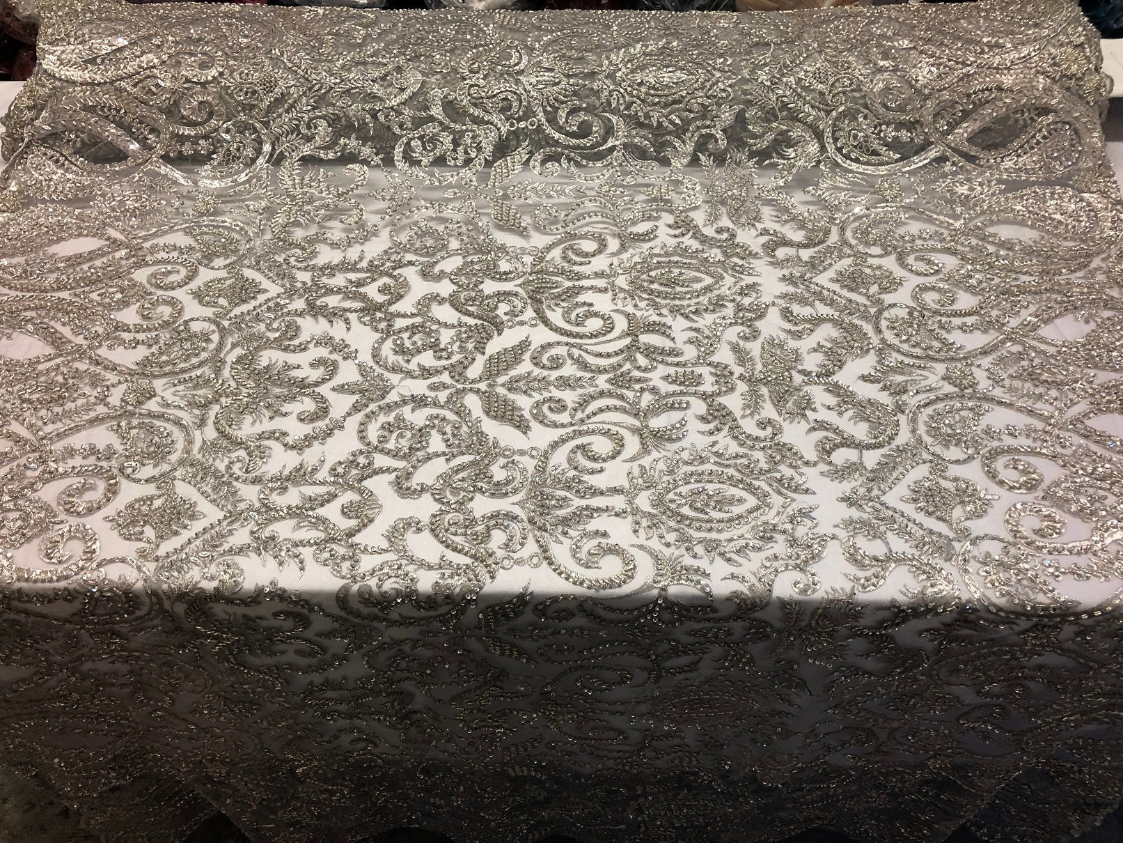 Silver Beaded Fabric Embroidered On A Mesh Fancy Dresses Fabric Sold By The Yard