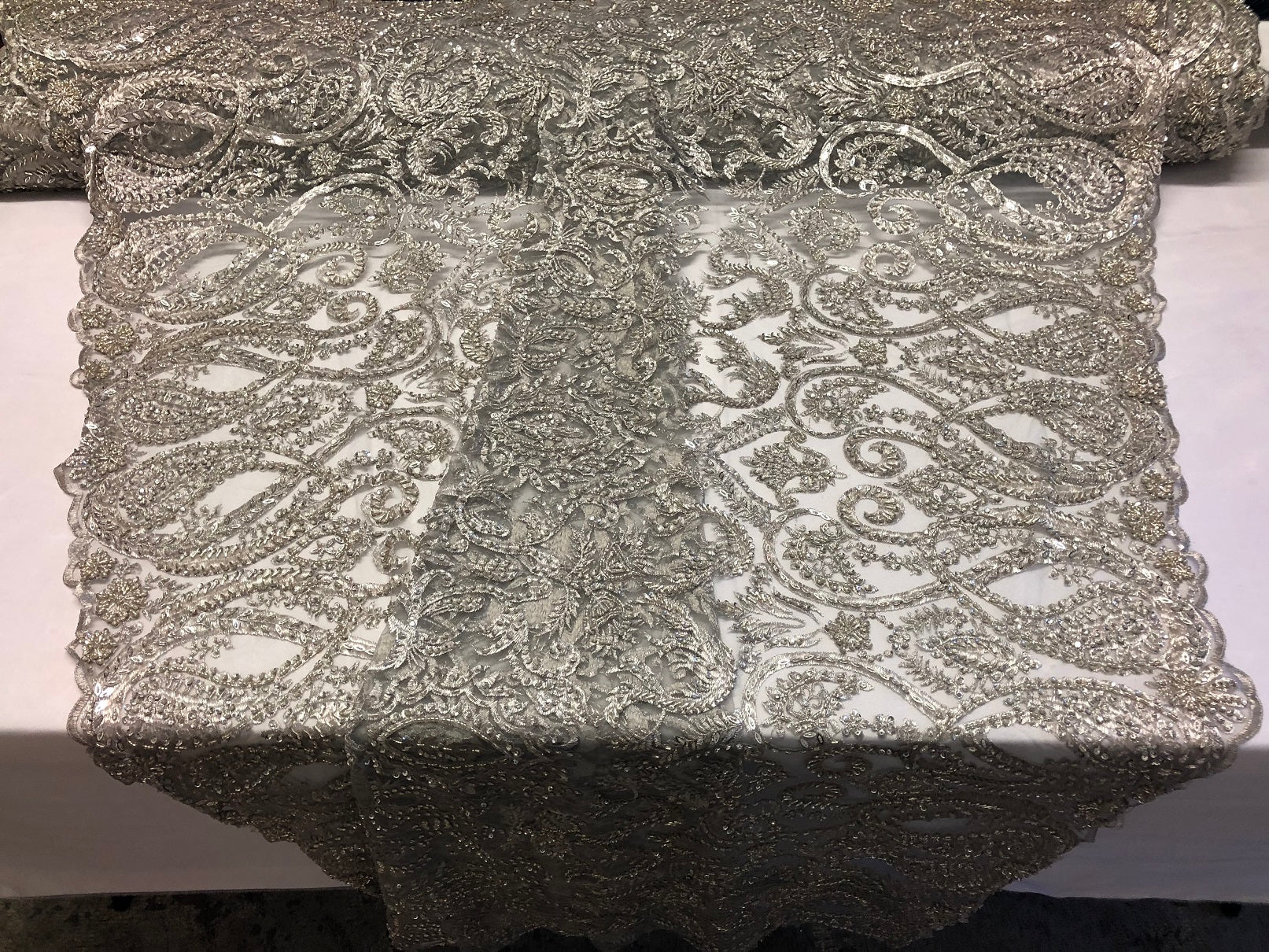 Silver Beaded Fabric Embroidered On A Mesh Fancy Dresses Fabric Sold By The Yard