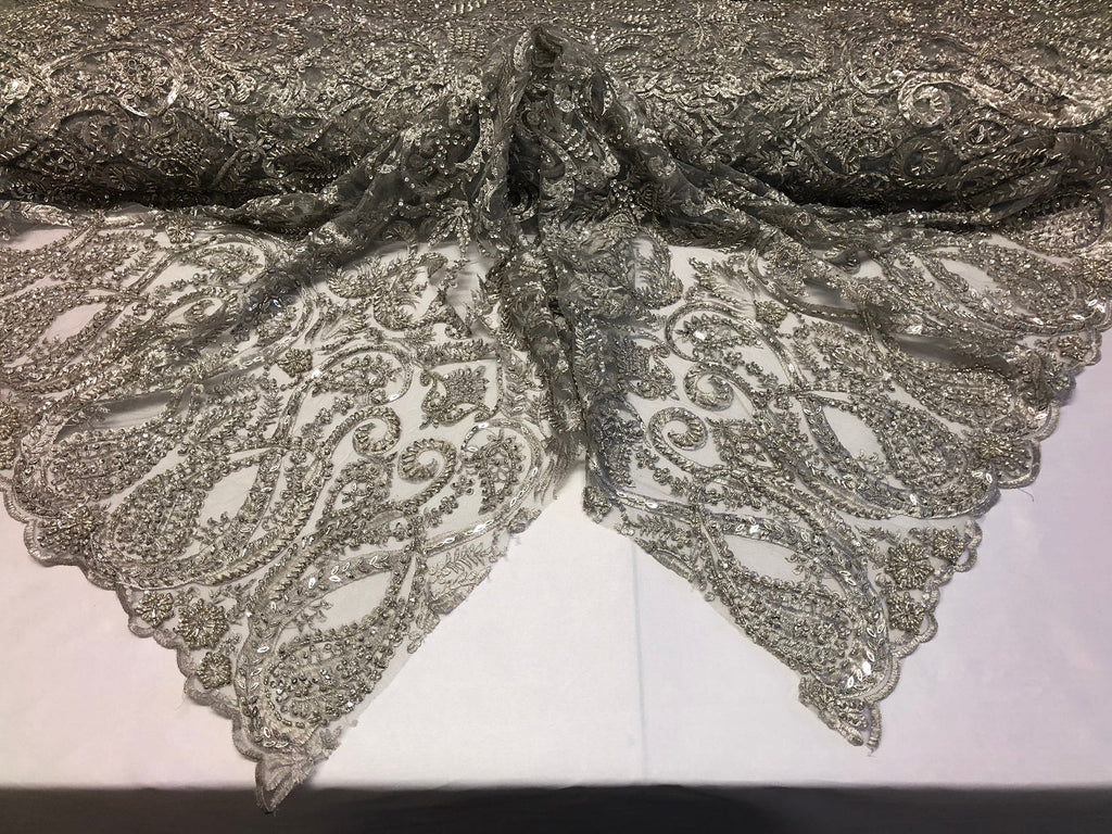 Silver Beaded Fabric Embroidered On A Mesh Fancy Dresses Fabric Sold By The Yard