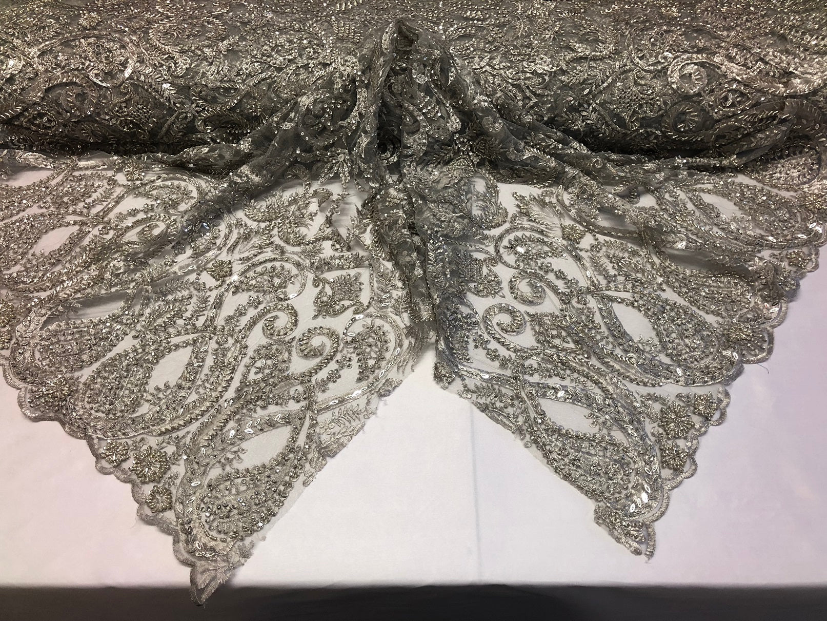 Silver Beaded Fabric Embroidered On A Mesh Fancy Dresses Fabric Sold By The Yard