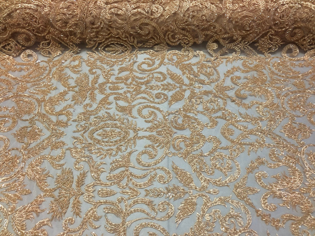 Blush Beaded Fabric Embroidered On A Mesh Fancy Dresses Fabric Sold By The Yard