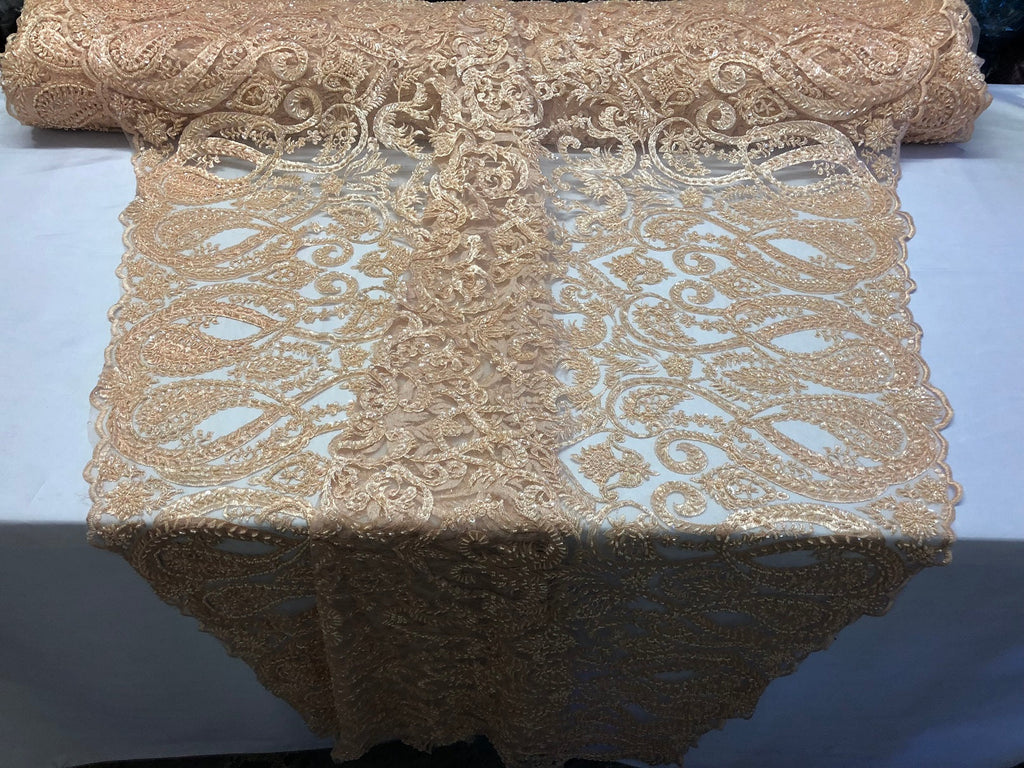 Blush Beaded Fabric Embroidered On A Mesh Fancy Dresses Fabric Sold By The Yard