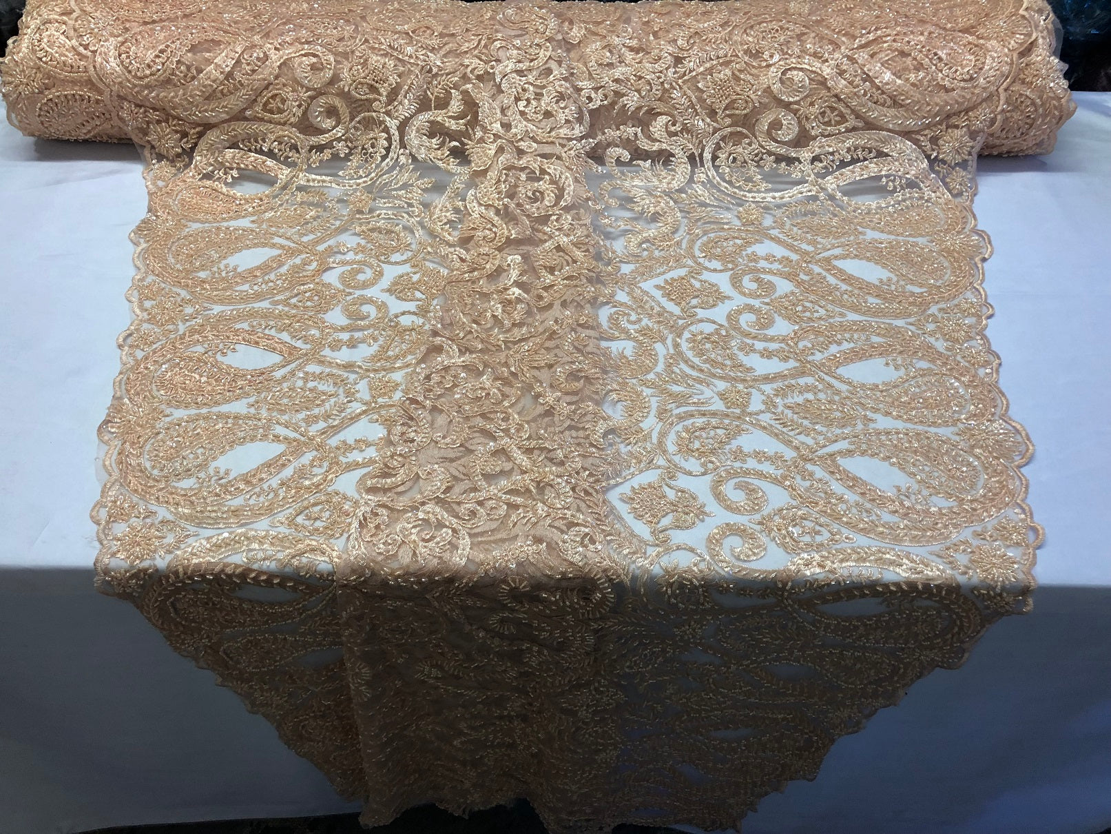 Blush Beaded Fabric Embroidered On A Mesh Fancy Dresses Fabric Sold By The Yard