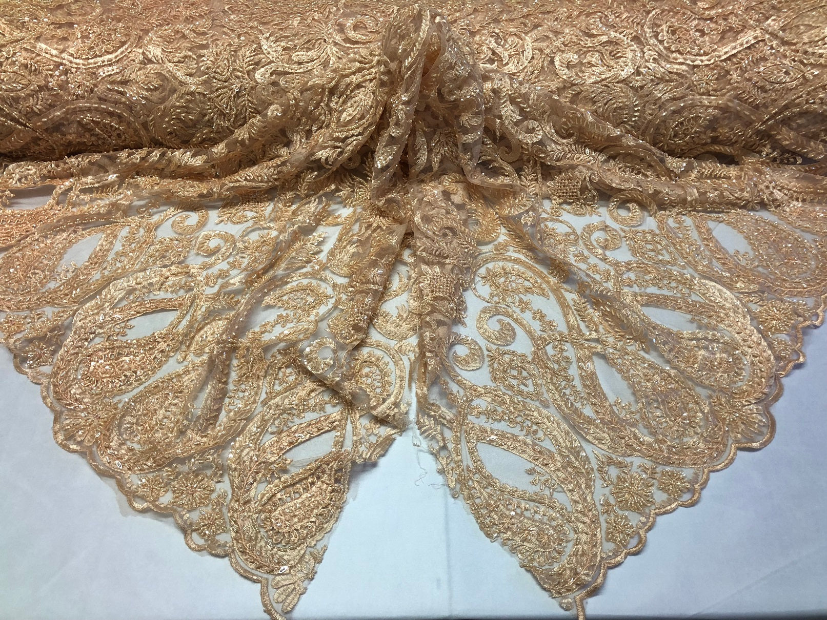 Blush Beaded Fabric Embroidered On A Mesh Fancy Dresses Fabric Sold By The Yard
