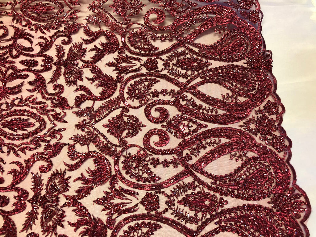 Burgundy Beaded Fabric Embroidered On A Mesh Lace Fancy Dress Fabric Sold By The Yard