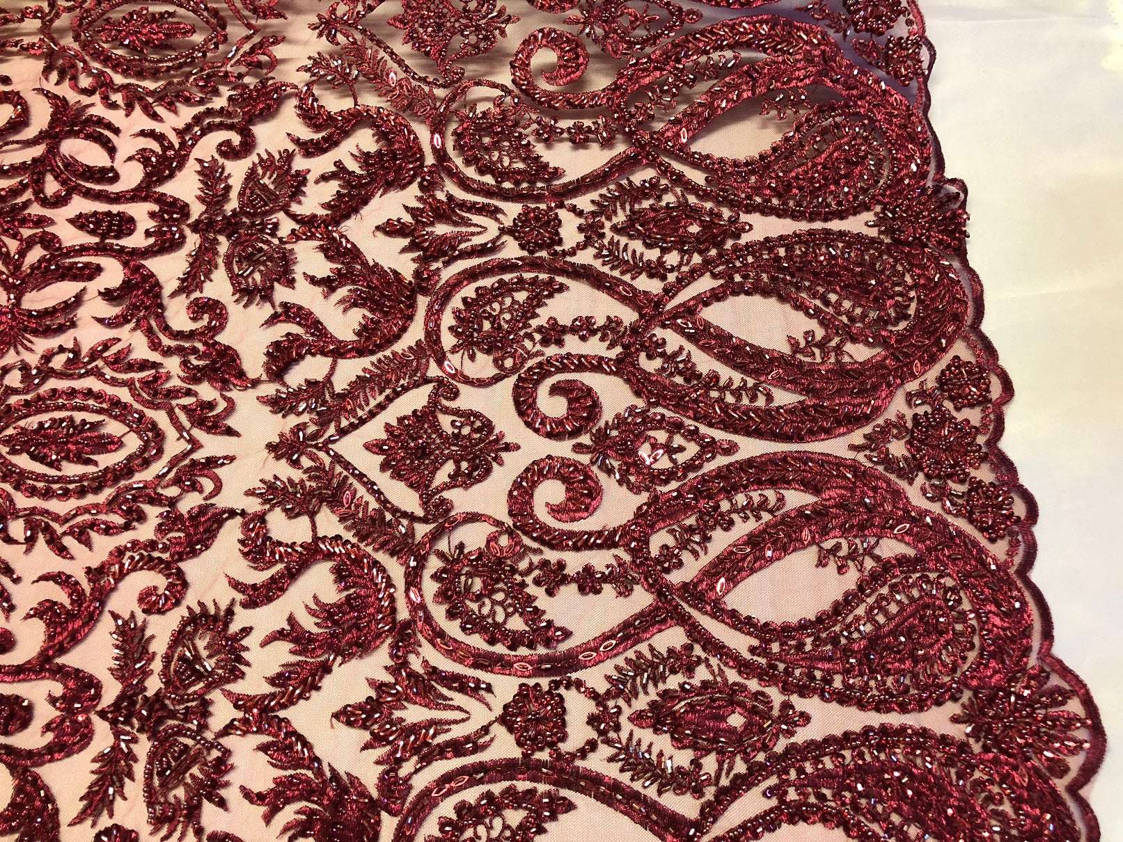 Burgundy Beaded Fabric Embroidered On A Mesh Lace Fancy Dress Fabric Sold By The Yard