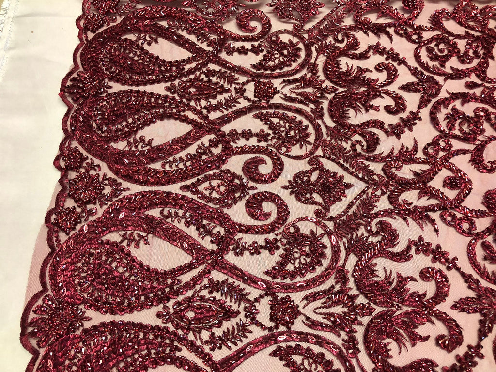 Burgundy Beaded Fabric Embroidered On A Mesh Lace Fancy Dress Fabric Sold By The Yard