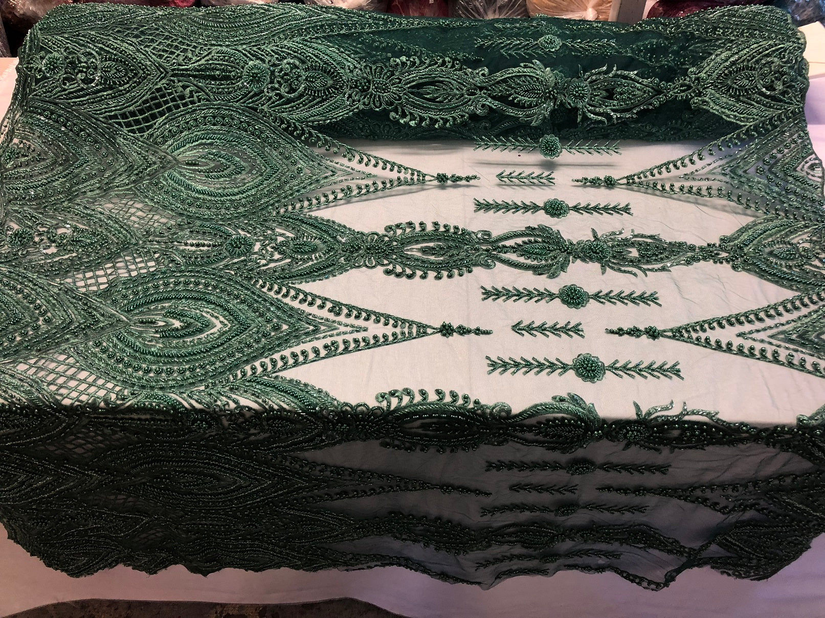 Hunter Green Beaded Fabric Embroidered Lace Pearls On A Mesh Bridal/Wedding Fabrics Sold By The Yard