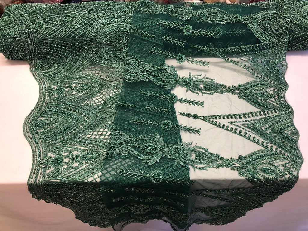 Hunter Green Beaded Fabric Embroidered Lace Pearls On A Mesh Bridal/Wedding Fabrics Sold By The Yard