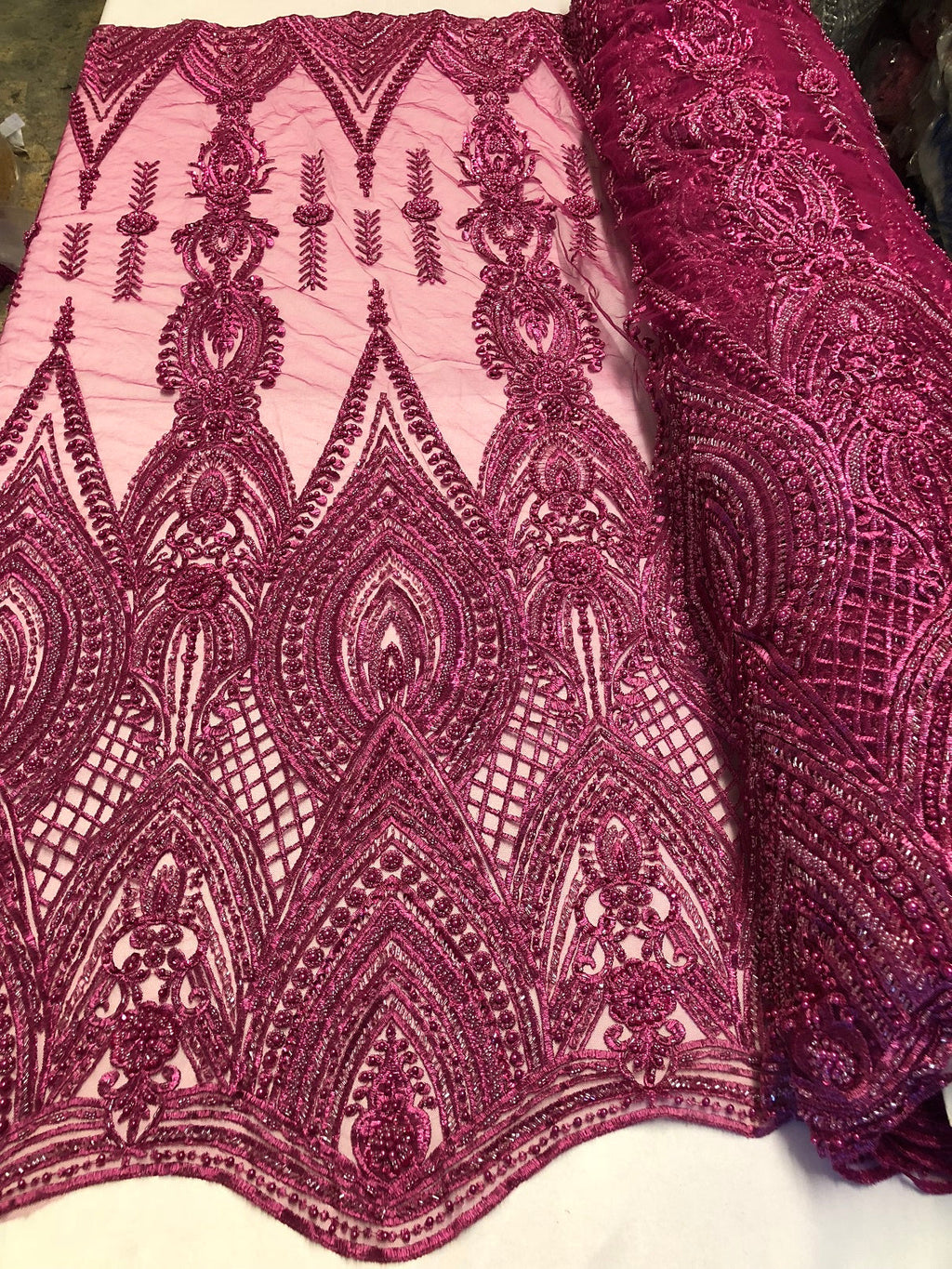 Magenta Beaded Fabric Embroidered Lace Pearls On A Mesh Bridal/Wedding Fabrics Sold By The Yard