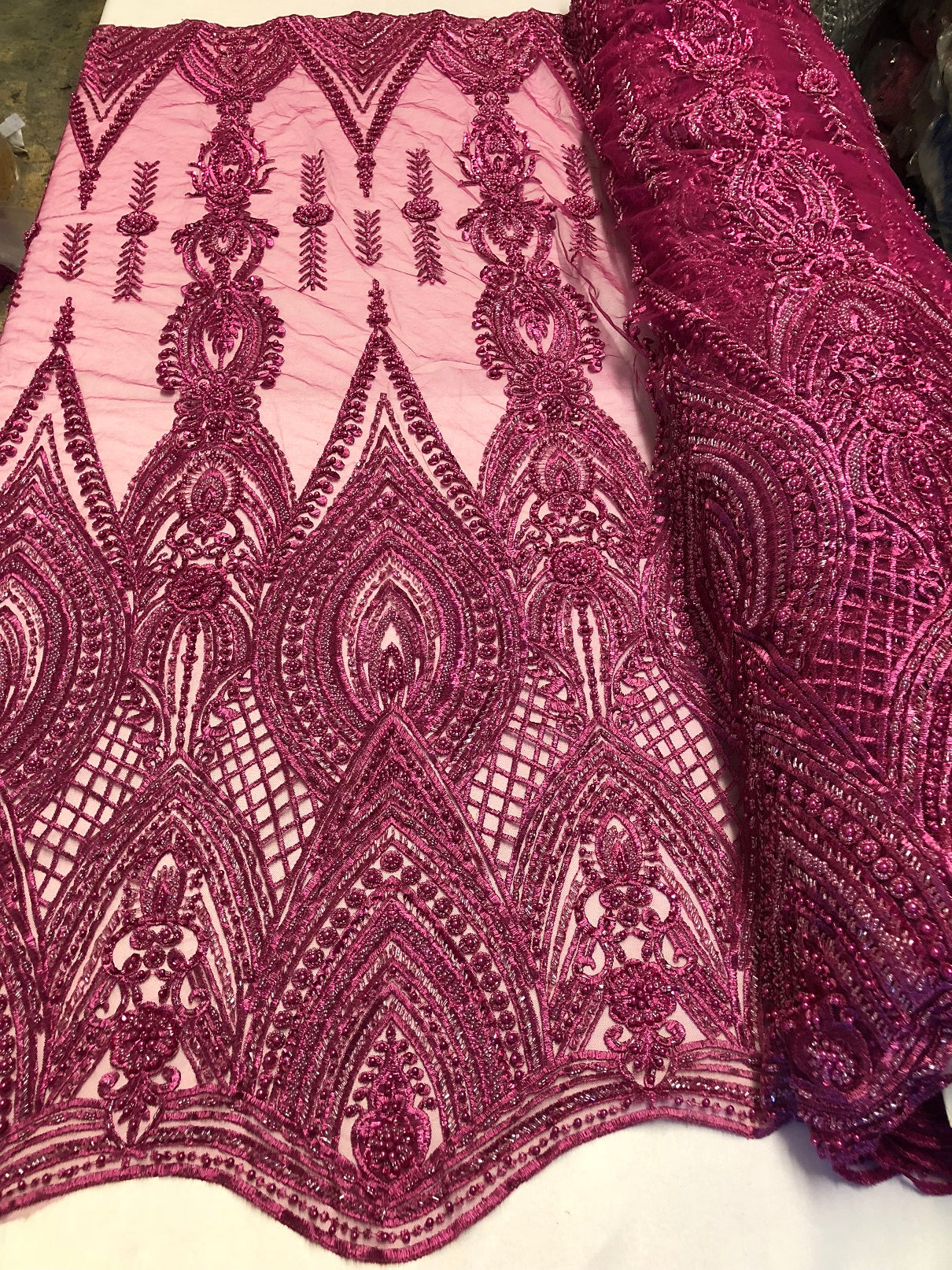 Magenta Beaded Fabric Embroidered Lace Pearls On A Mesh Bridal/Wedding Fabrics Sold By The Yard
