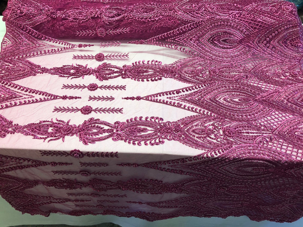 Magenta Beaded Fabric Embroidered Lace Pearls On A Mesh Bridal/Wedding Fabrics Sold By The Yard