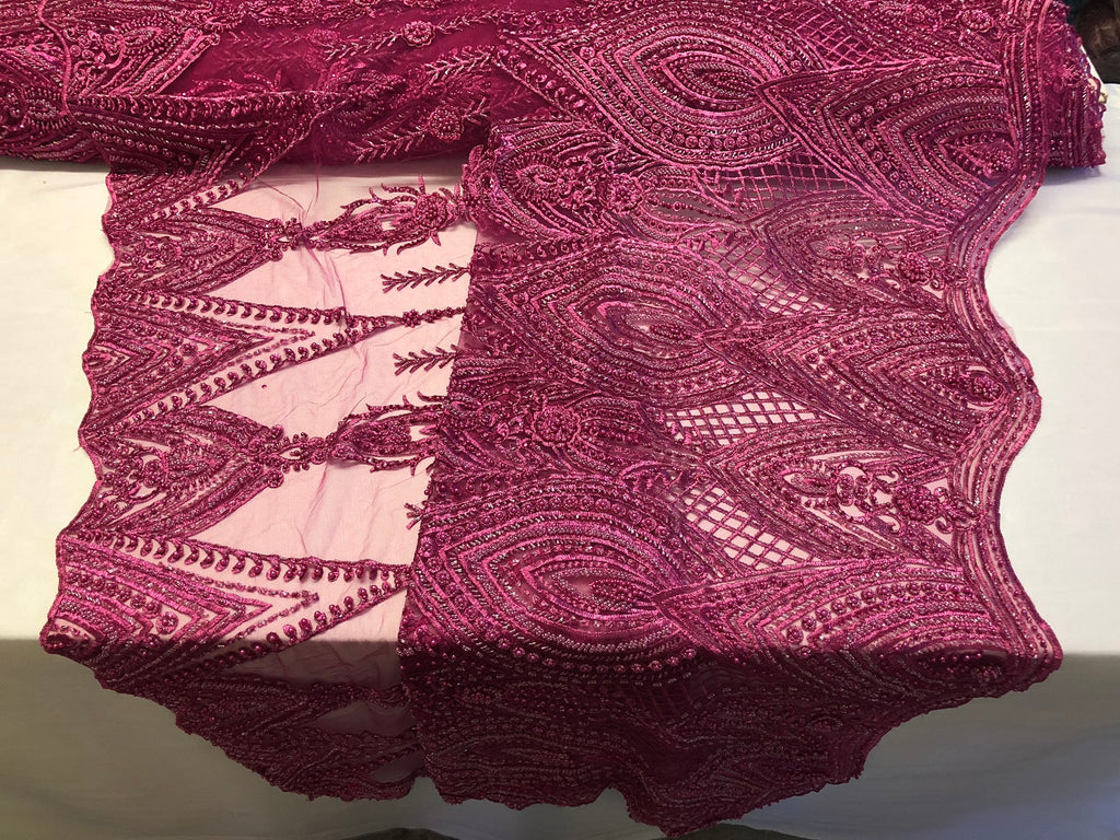 Magenta Beaded Fabric Embroidered Lace Pearls On A Mesh Bridal/Wedding Fabrics Sold By The Yard