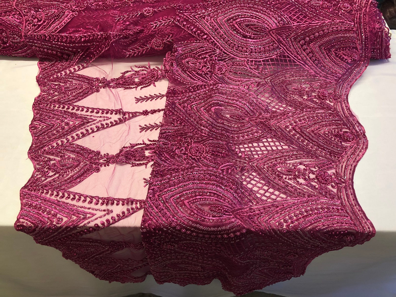 Magenta Beaded Fabric Embroidered Lace Pearls On A Mesh Bridal/Wedding Fabrics Sold By The Yard