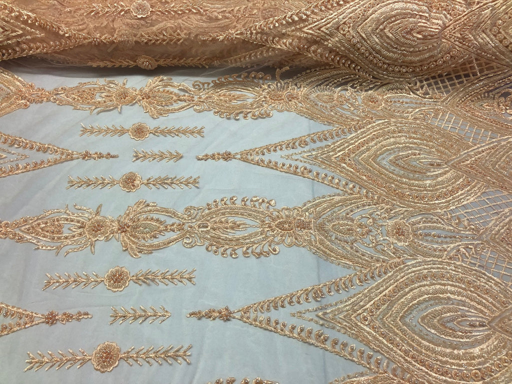 Blush Beaded Fabric Embroidered Lace Pearls On A Mesh Bridal/Wedding Fabrics Sold By The Yard