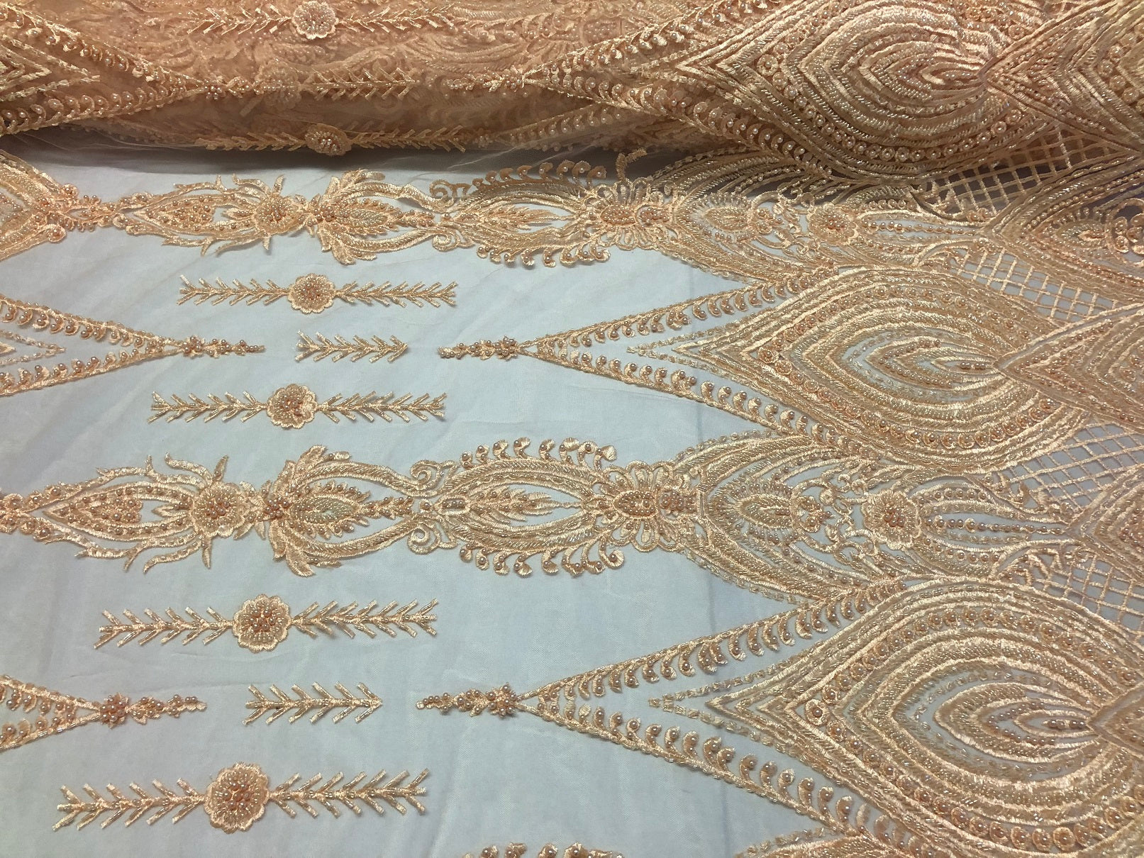 Blush Beaded Fabric Embroidered Lace Pearls On A Mesh Bridal/Wedding Fabrics Sold By The Yard