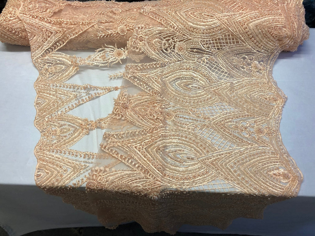 Blush Beaded Fabric Embroidered Lace Pearls On A Mesh Bridal/Wedding Fabrics Sold By The Yard
